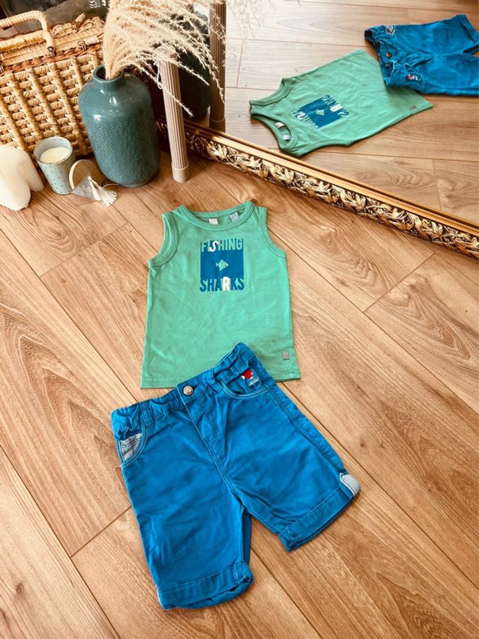 Taille 2 ans ensemble 2 pièces d’été garçon Obaibi Okaidi vert et bleu * fishing * 💙