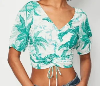 T shirt court top été tropical vert blanc femme