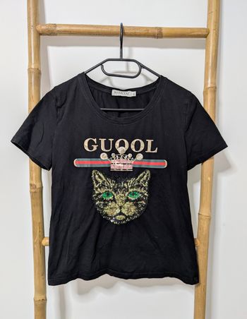 🌸 Femme 🌸 T-shirt noir motif chat sequins – Taille XL Bon état – dessin légèrement craquelé