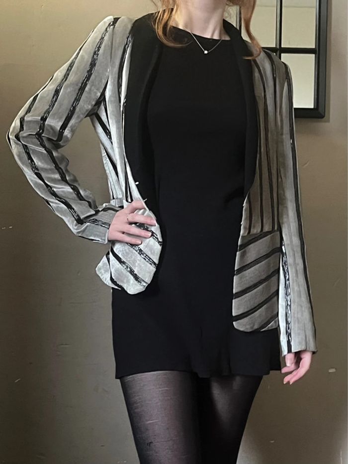 Veste blazer rayures noires et argentées en velours