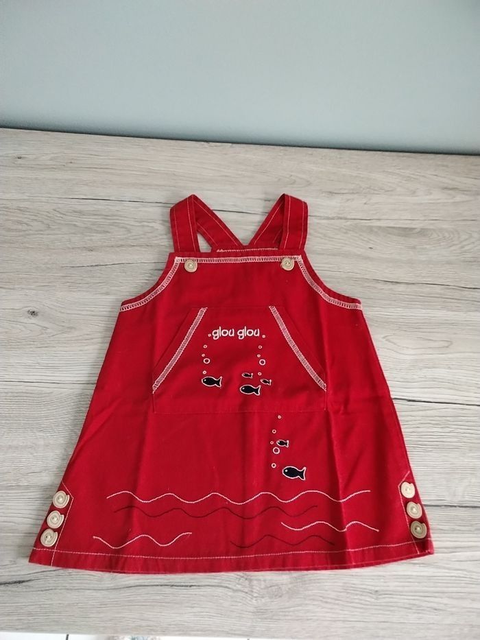 Robe salopette rouge poissons glou glou 6 mois fille - photo numéro 1