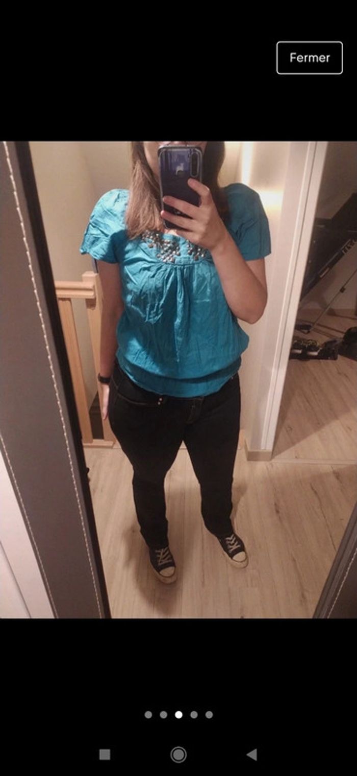 Blouse été turquoise clous taille L - photo numéro 3