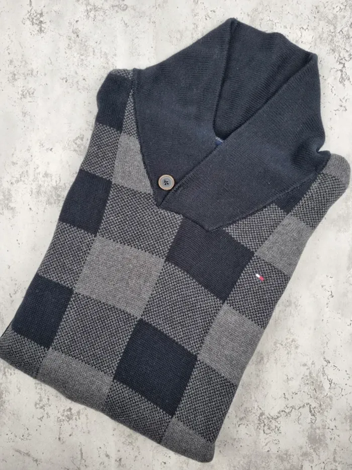 Pull col châle noir à carreaux Tommy Hilfiger – Taille XXL Homme (mesures en photos)