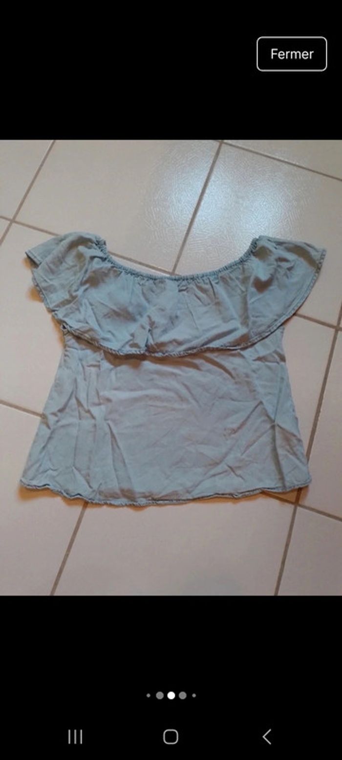 T-shirt épaules dénudées femme bleu clair aspet jeans - photo numéro 11