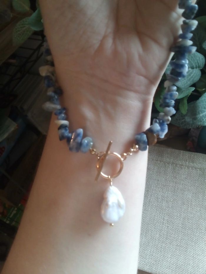 Collier pierres naturelles de sodalite et perle de culture d'eau douce naturelle - photo numéro 3