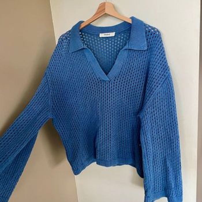 Pull ajouré bleu col polo Promod taille XL coton mélangé maille légère V061 - photo numéro 2
