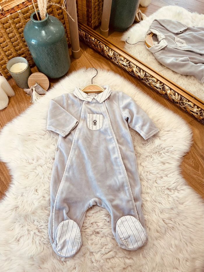 Taille 3 mois pyjama velours garçon Obaibi gris * col * 💙