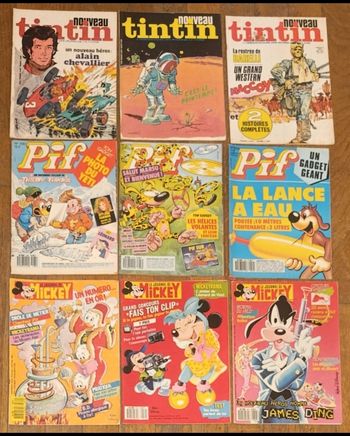 Lot de 9 anciens magazines Pif, tintin et mickey vintage