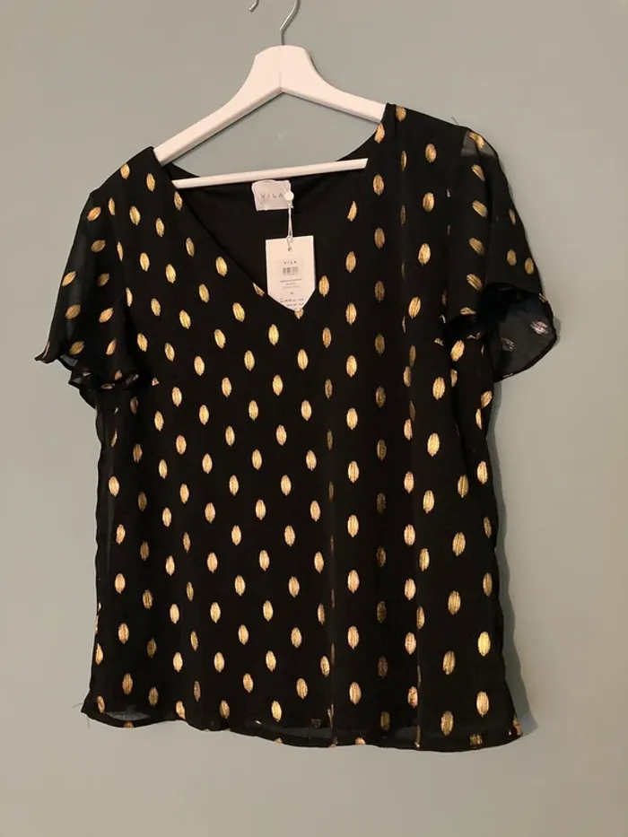 Blouse Noire à Pois Dorés Neuve 38