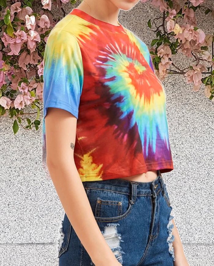 🌈 T-shirt court crop-top multicolore style hippie vintage 70s - photo numéro 5
