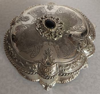 🍀Ancienne Grande boite à bijoux métal argenté ronde diamètre 17cm
