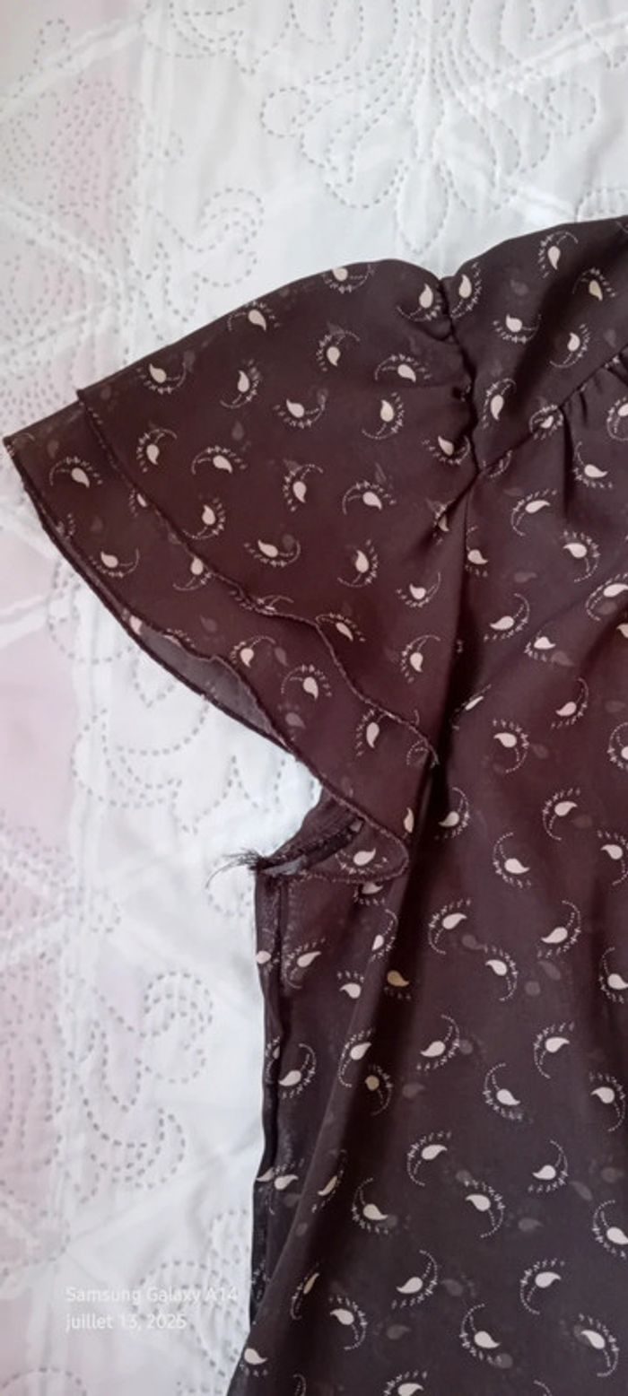 Blouse en voile manches volantées col cravate motif plumes marron femme L - photo numéro 15
