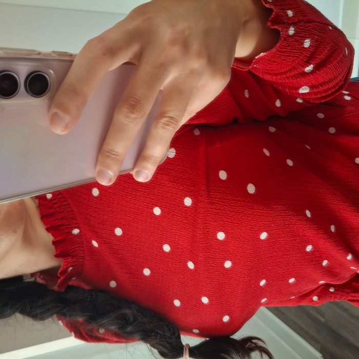 Blouse fluide rouge à pois blanc – Col montant froncé - Manches longues - Taille XS/S/M - Naf Naf - photo numéro 4