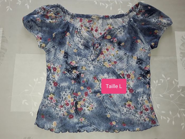 🔮 Tee Shirt Léger Bleu Fleuri Taille 40 🔮