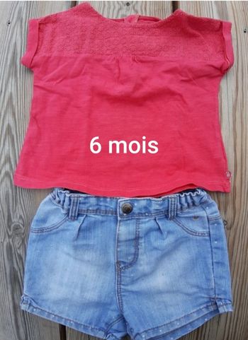 Ensemble été fille (t-shirt manches courtes rose fuchsia + short en jean bleu délavé) - Obaïbi - 6 mois