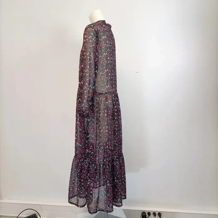 Robe longue transparente à volant, bohème, motif liberty noir rouge bleu A454 - photo numéro 4