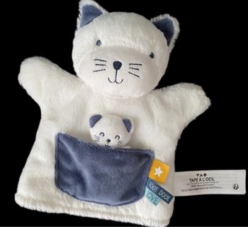 ❤️B3778  Doudou Plat Marionnette Ours Chat Blanc Bleu Tape À L’œil