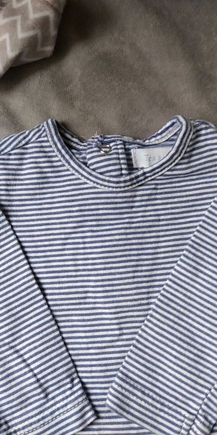 Tee shirt manches longues Mixte 3 mois rayé blanc et bleu foncé 100% coton TEX Baby - photo numéro 4