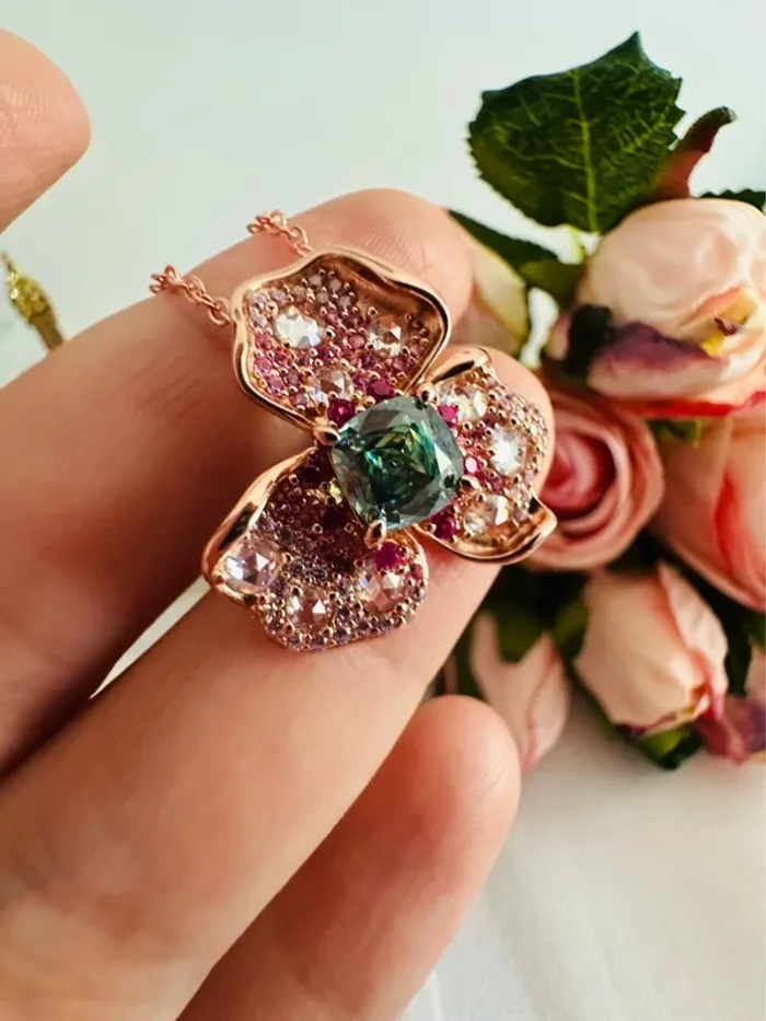 🌷Collier fleur cristal rose & vert – Élégance mystérieuse - photo numéro 8