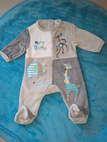 Pyjama mixte velours 0 mois – motif singe & animaux