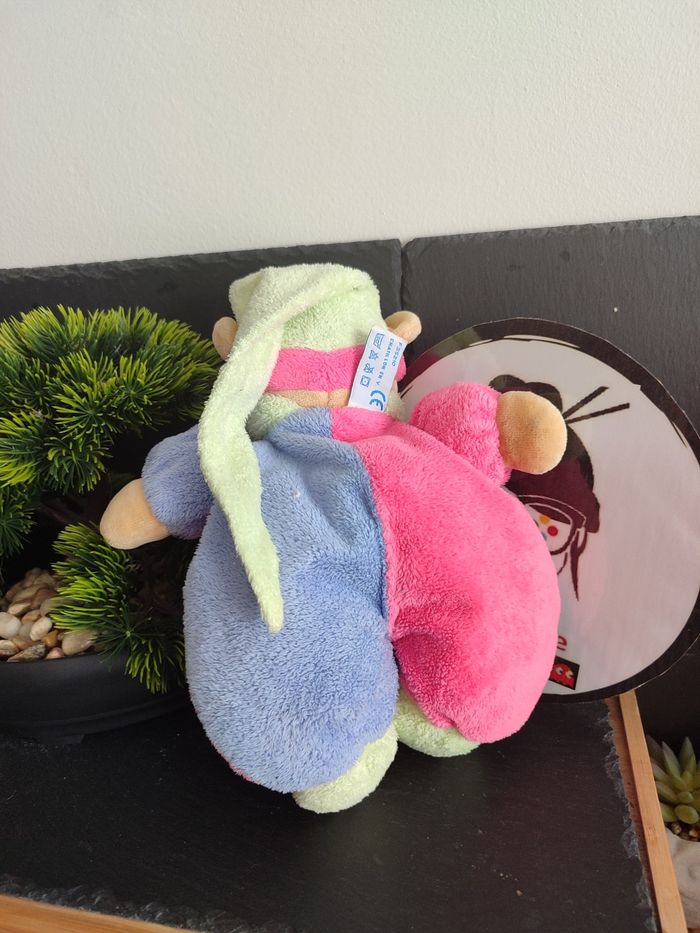 Doudou ours rose vert bleu peluche nounours  violet marron ancien Bonnet Beige - photo numéro 2