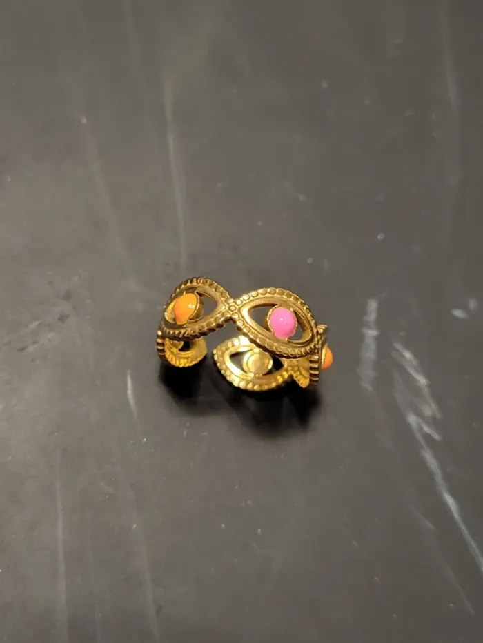 Bague ajustable acier inoxydable ovale et point rose et orange