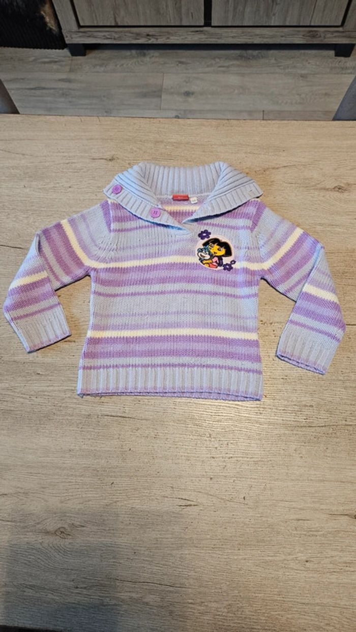 Pull fille à col montant mauve ligné blanc, bleu, manches longues, Dora, 5 ans