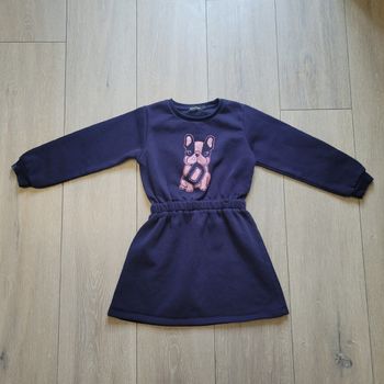 Robe bleu marine avec motif rose brillant. Fille 6 ans. Marque In Extenso