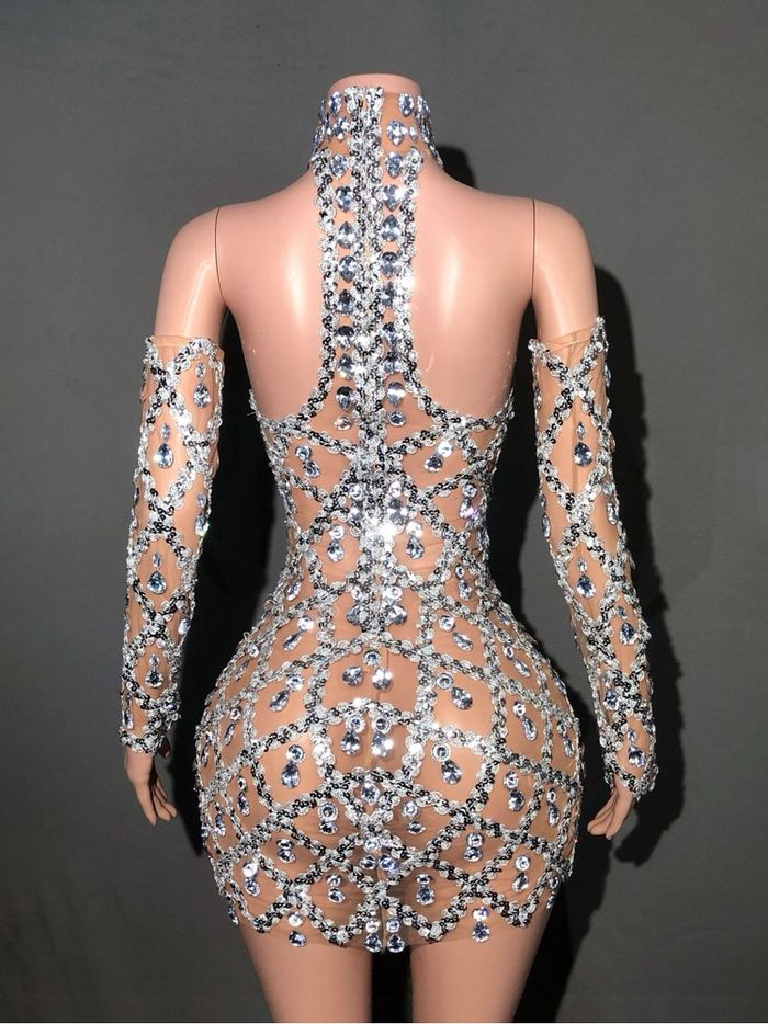 Robe à carreaux sexy en maille transparente sans manches à col haut strass brillant - photo numéro 4