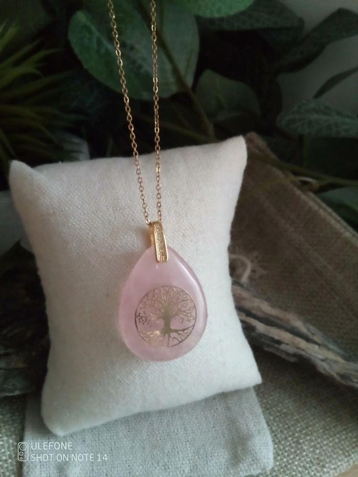 Collier quartz rose et arbre de vie doré - photo numéro 3