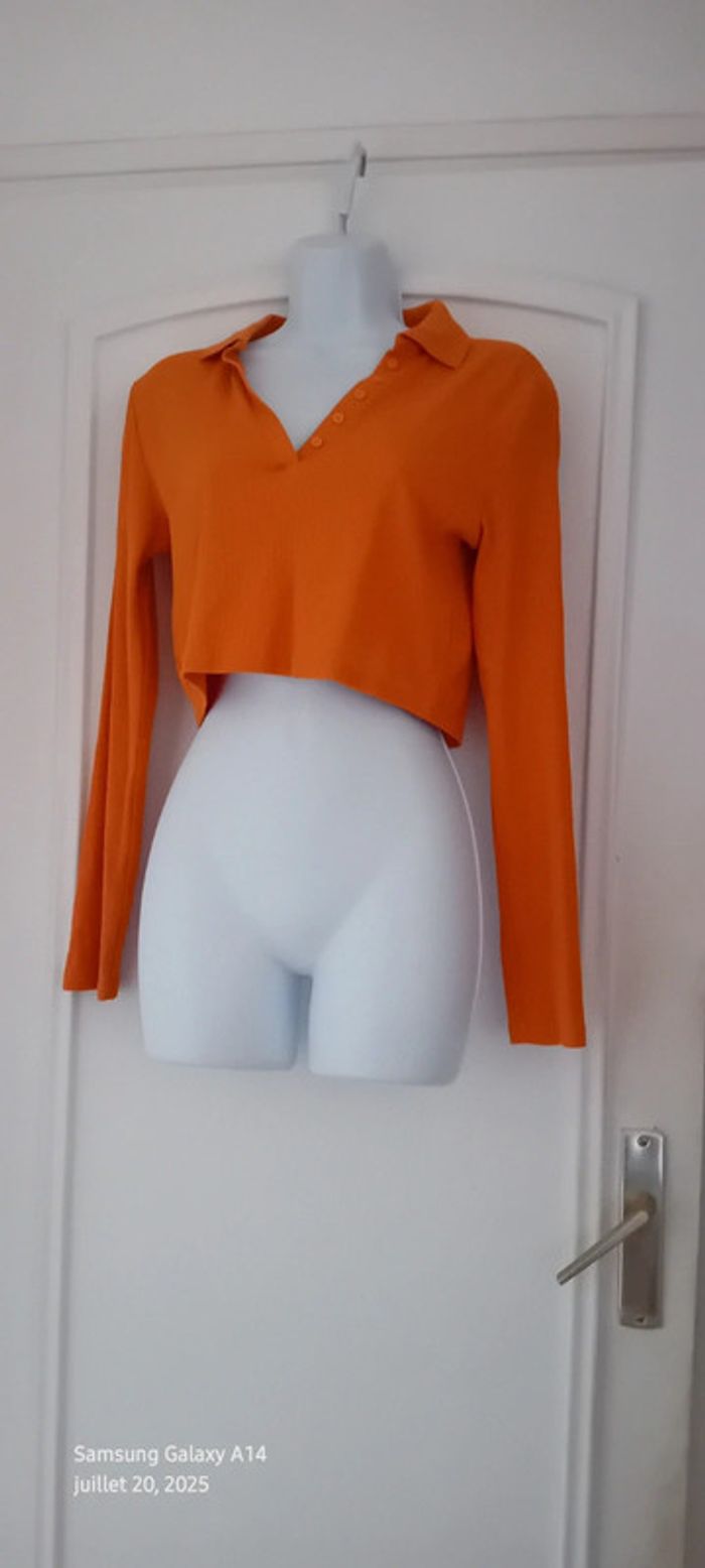 Polo court manches longues maille côtelée col en V à boutons orange femme L zara - photo numéro 9