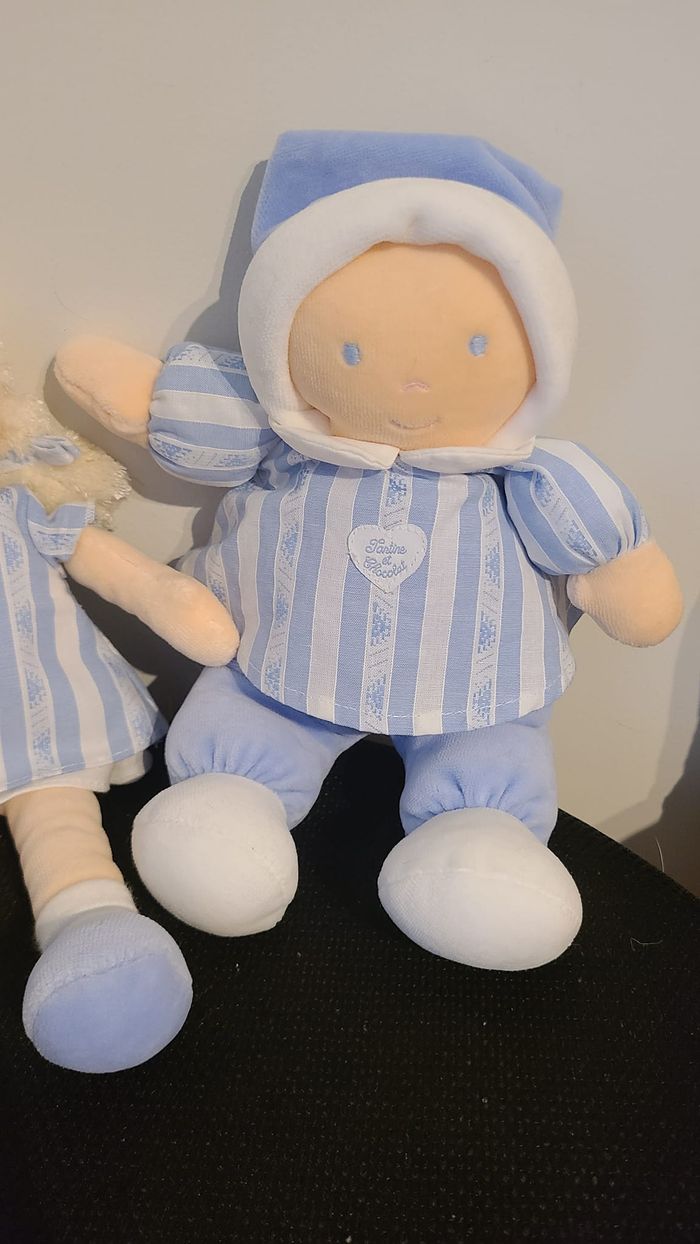 DOUDOU PELUCHE POUPÉE CHIFFON TARTINE ET CHOCOLAT BLEU BLANC RAYÉ 24CM Doudou Poupée Blonde Couette - photo numéro 6