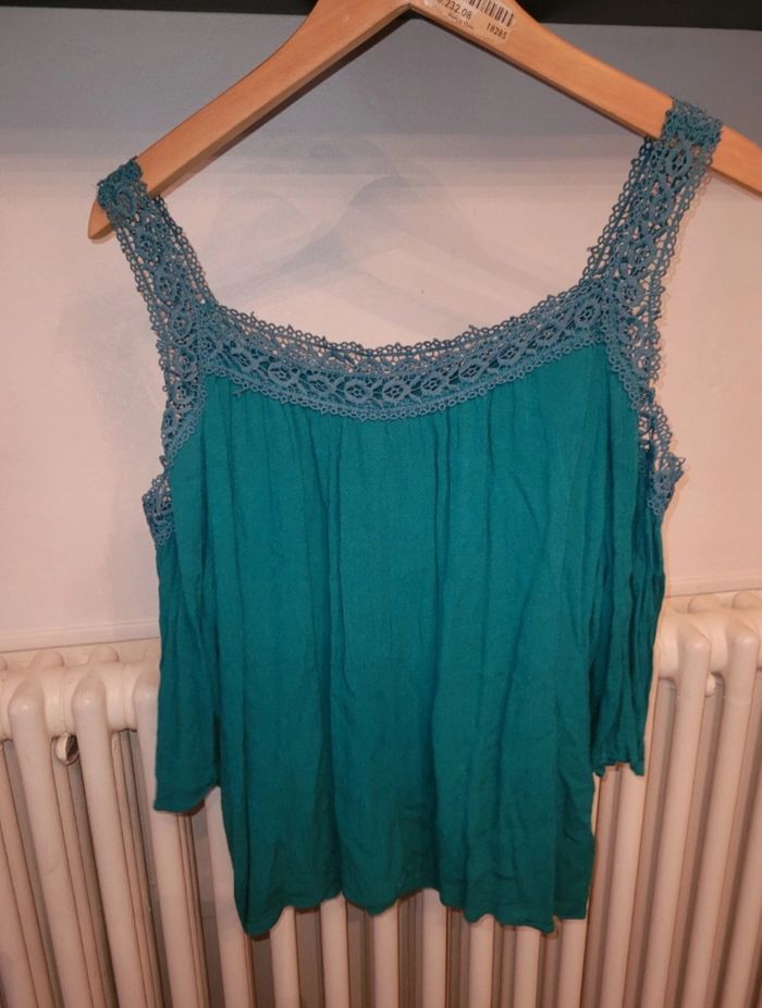 Tee-shirt épaules dénudées vert bleu canard - photo numéro 3