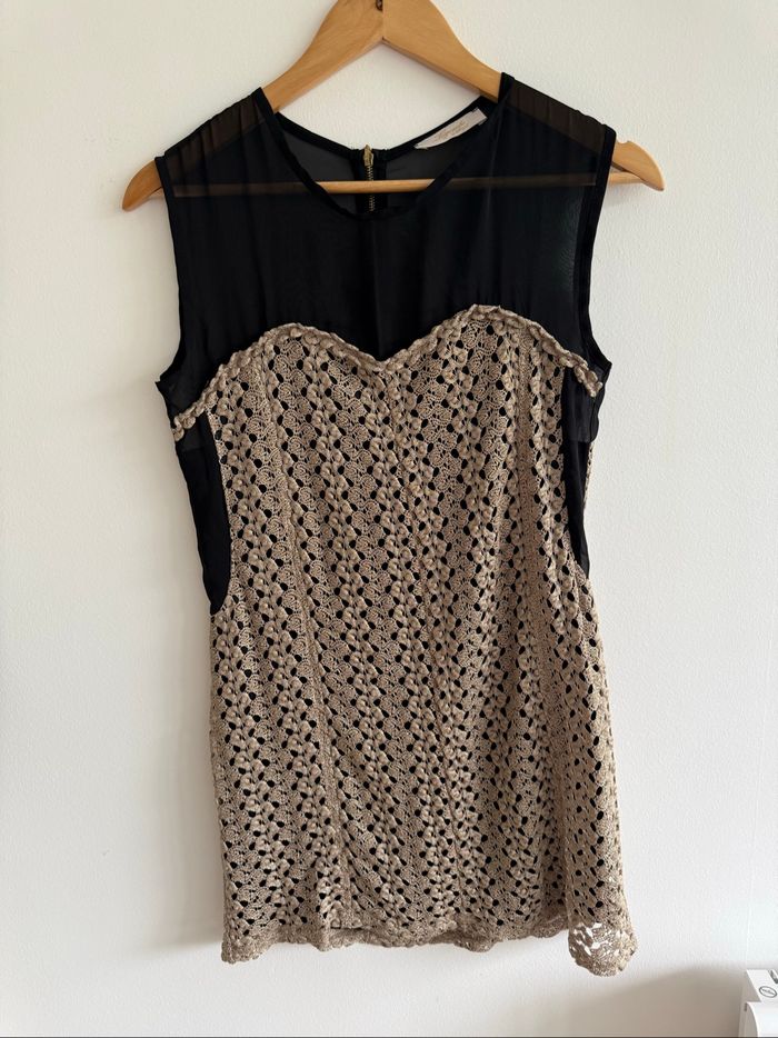 Robe chic soirée doré noir avec transparence taille 38 M