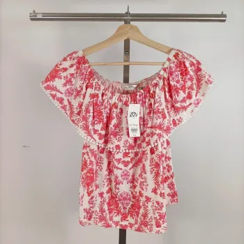 Blouse épaules dénudées motif floral rouge blanc rose Miss Selfridge, taille 38 Neuve A518