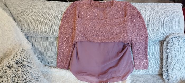 Tunique, haut à manches longues avec sequins couleur vieux rose avec doublure. Canda Premium C&A. Très bon état. Taille L - photo numéro 4