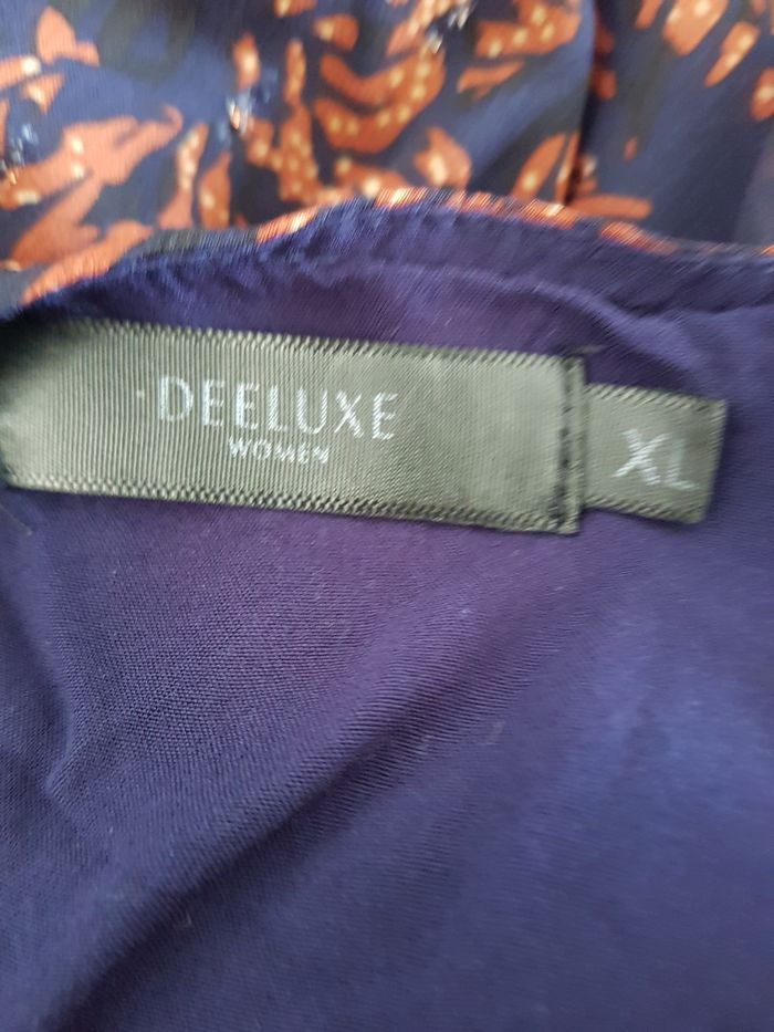 Robe marine à motifs marrons et jaunes. Deeluxe Women. Taille XL, 53cm aux aisselles, 92cm de haut. - photo numéro 5