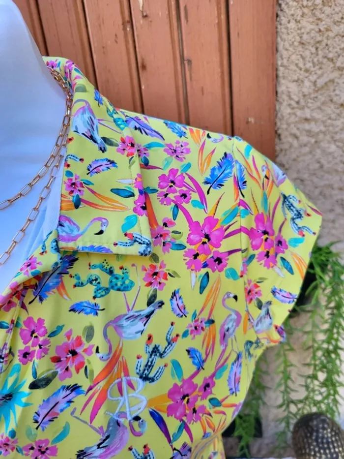 T-shirt polo golf fleuri flamand rose jaune multicolore chiberta taille 42 - photo numéro 2