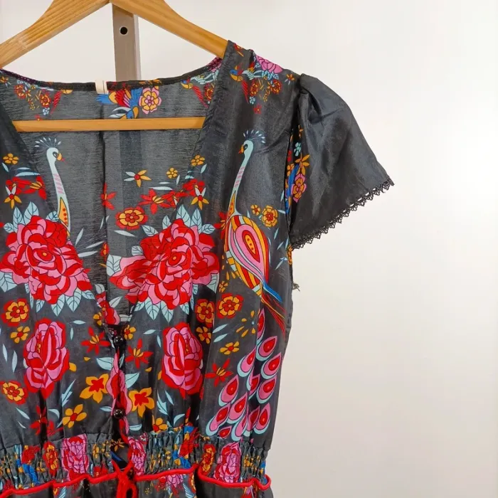 Robe longue bohème grise à fleurs multicolores taille S style ethnique été fluide A1334 - photo numéro 3