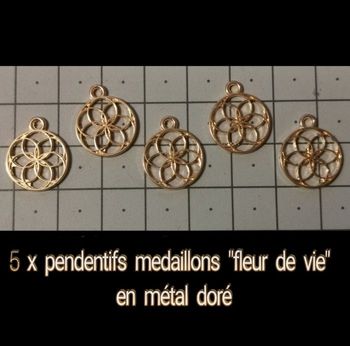 5 x pendentifs "fleur de vie" médaillons en métal doré.
