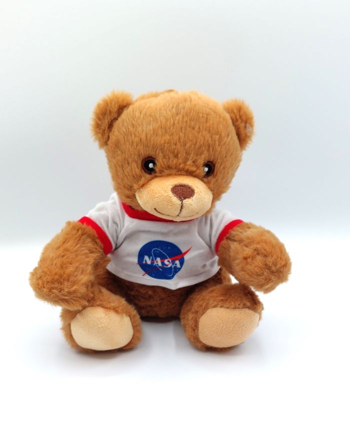 Peluche doudou ours marron beige + tee-shirt NASA blanc bleu TWENTY FEET 23 cm