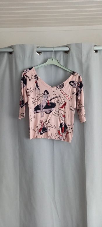 Pull fin manches 3/4 vintage 36 rose et noir