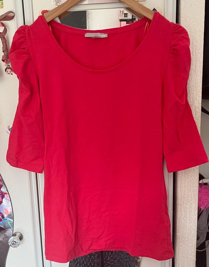 Pull col rond, manches bouffante qui arrive au-dessus du coude, fuchsia, Etam, M, 95% coton - photo numéro 2