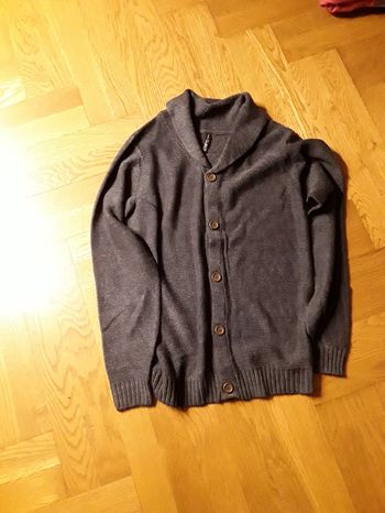 Gilet col chale taille 14 ans bleu gris