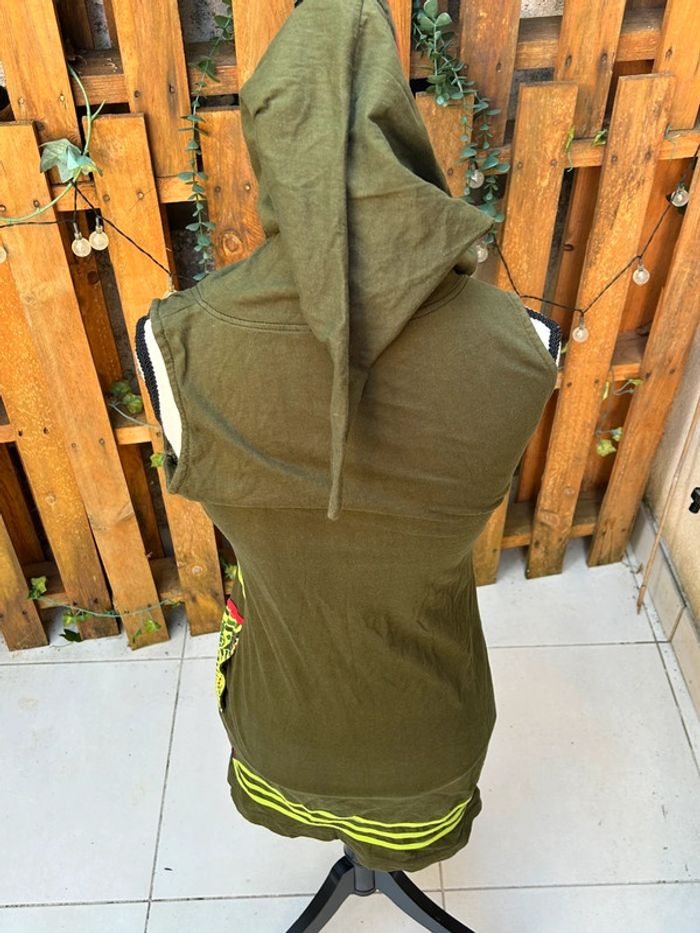 Veste longue gilet sans manches dipawali himitsu taille S M coton - capuche lutin kaki Népal - photo numéro 6