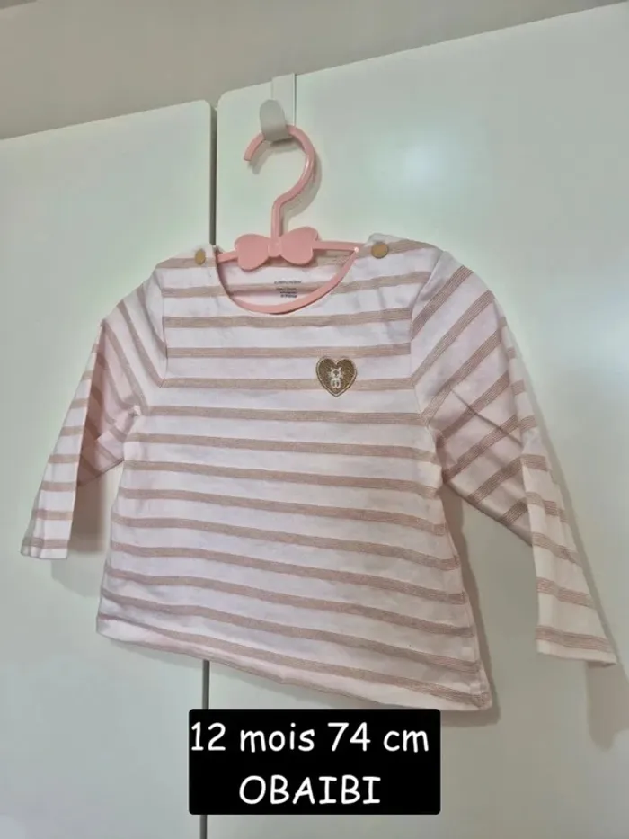 Collection 2025 T-shirt marinière rayé OBAIBI 12 mois 74cm  coton bio rose bébé fille - photo numéro 3