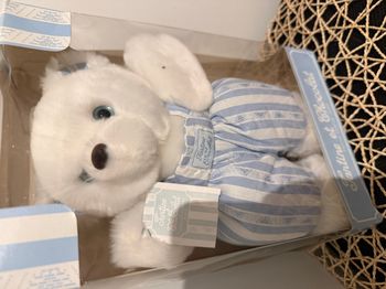 Peluche Doudou Tartine Et Chocolat Ours Blanc Tissu Rayé Bleu Rayures Yeux