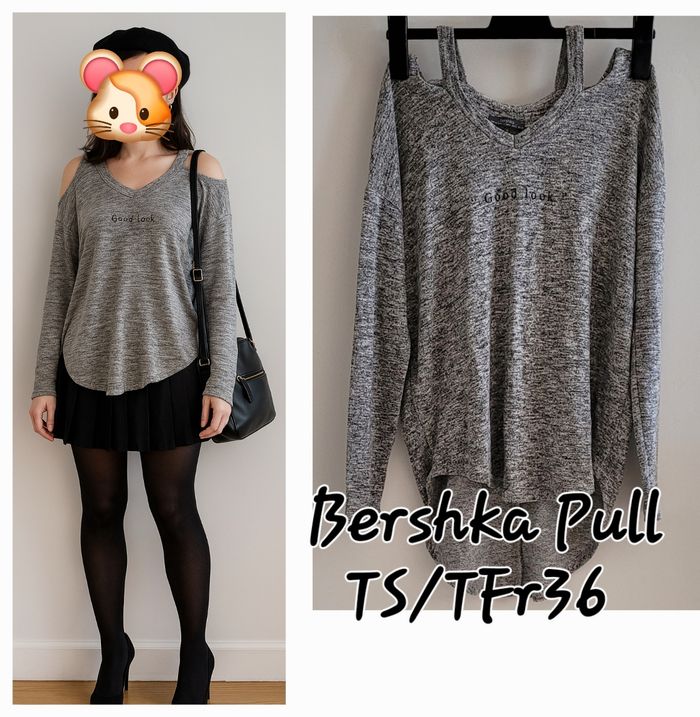 Lot 2 Pulls TS/TFr36 -Promod Noir à Pois Blancs & Bershka Gris Chiné & Epaules Dénudées - photo numéro 6