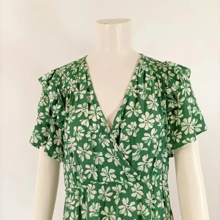 Robe portefeuille verte An'ge imprimé floral manches courtes volants taille M A436 - photo numéro 5