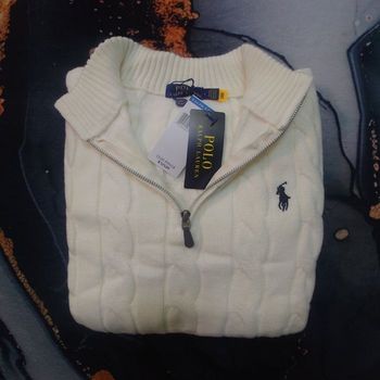 Half zip Ralph Lauren blanc 1/4 col camionneur torsadé logo brodé noir taille L